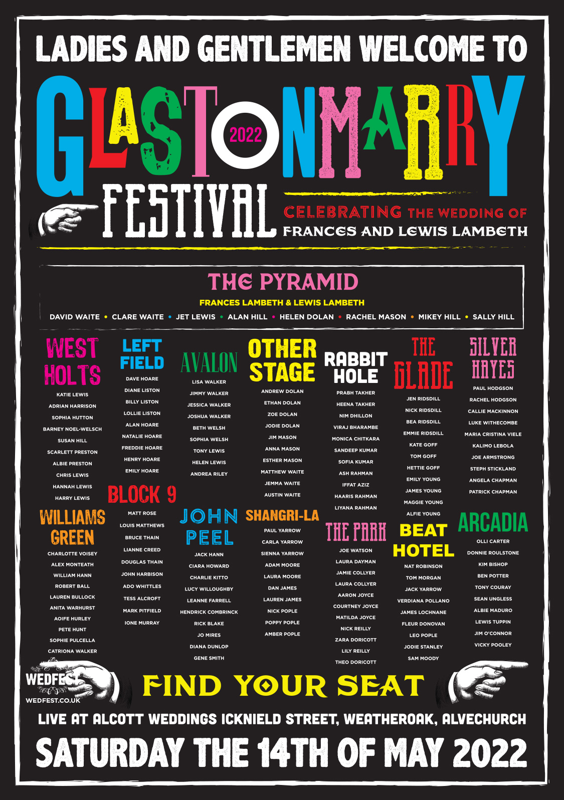 glastonbury festival poster wedding table seating plan