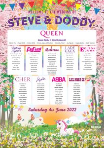 rainbow gay unicorn festival wedding table seating plan