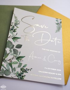 Eucalyptus botanical gold foil wedding save the date galgorm hotel