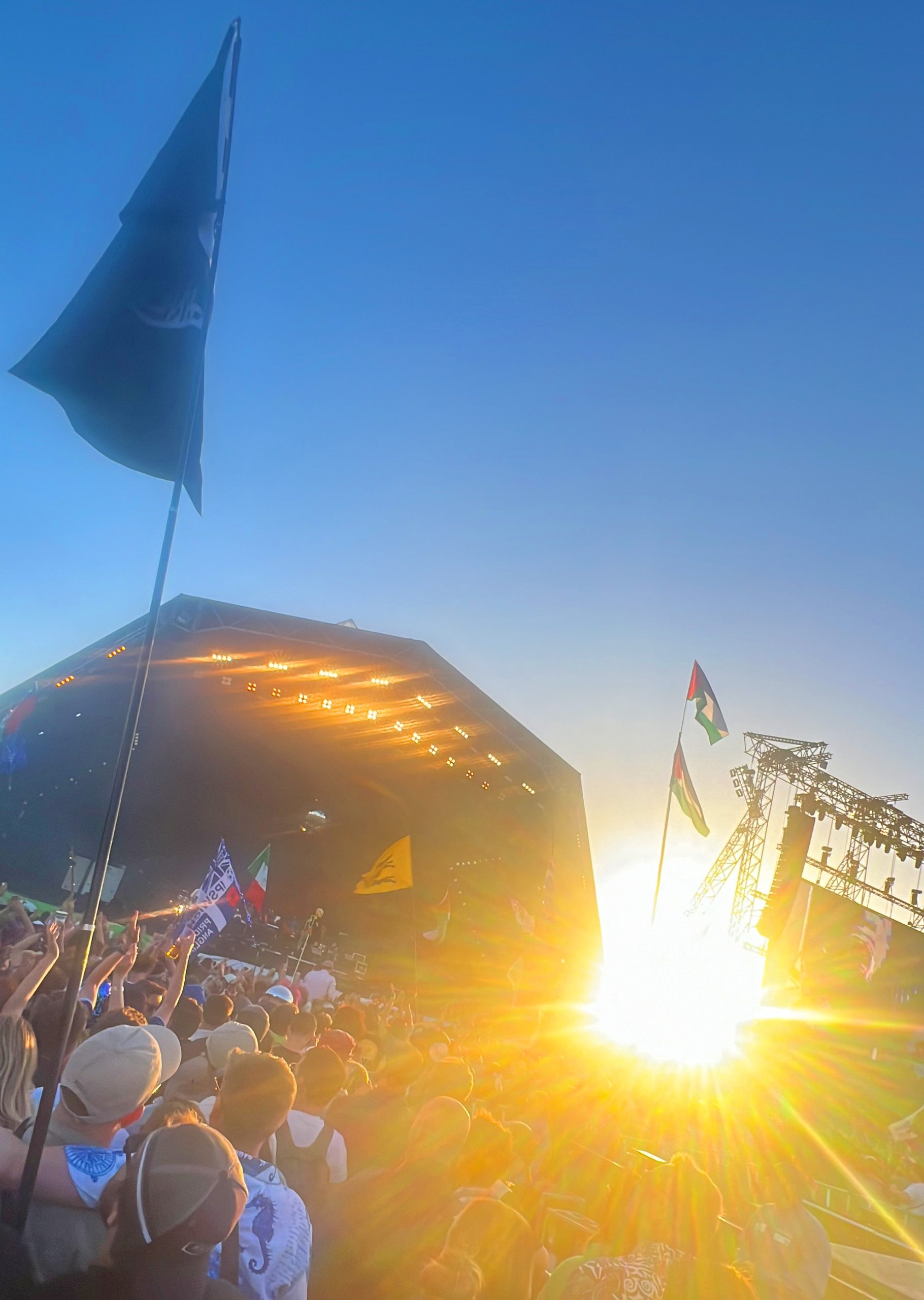 pyramid stage sunset at glastonbury festival 2024