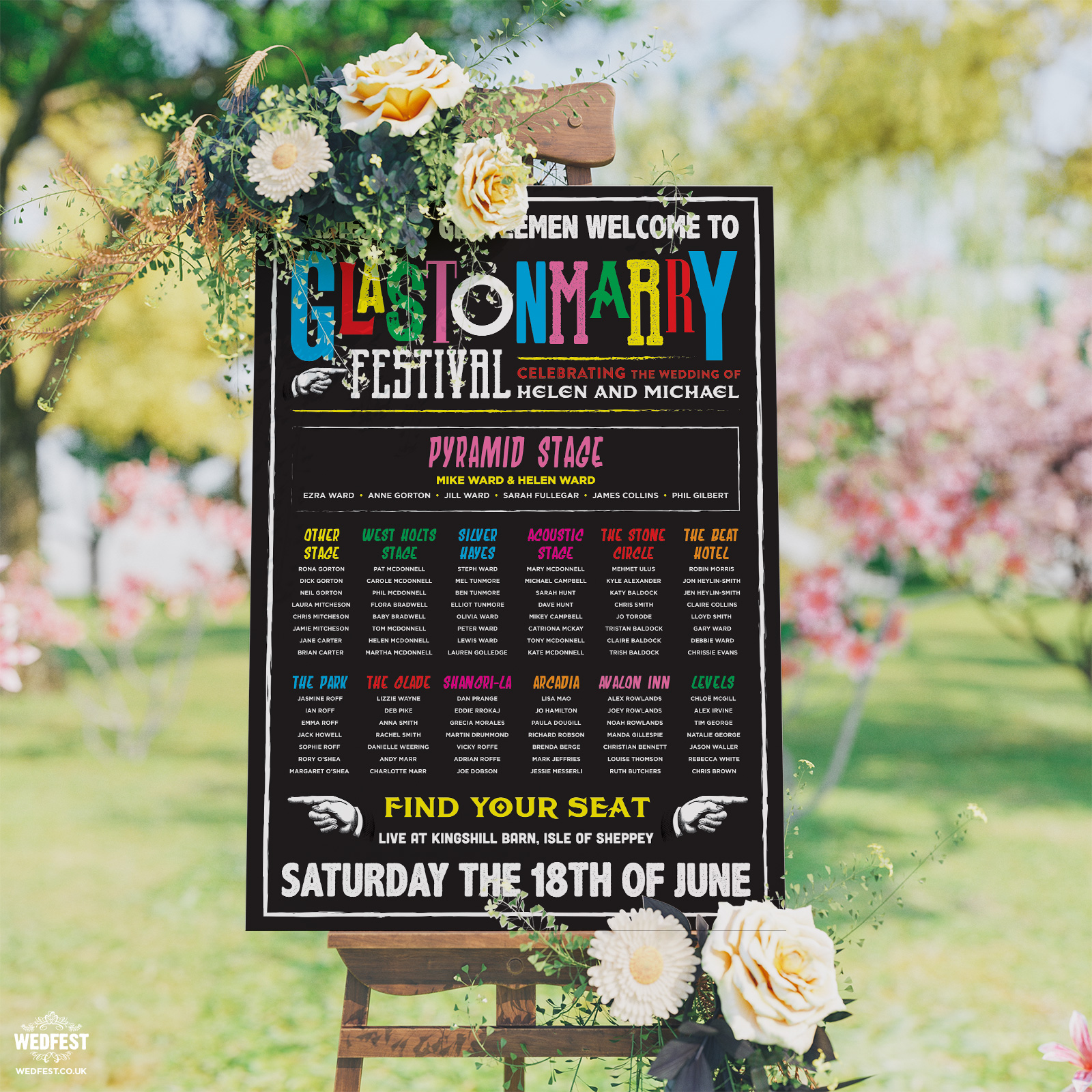 glastonmarry glastonbury festival wedding seating plan table chart