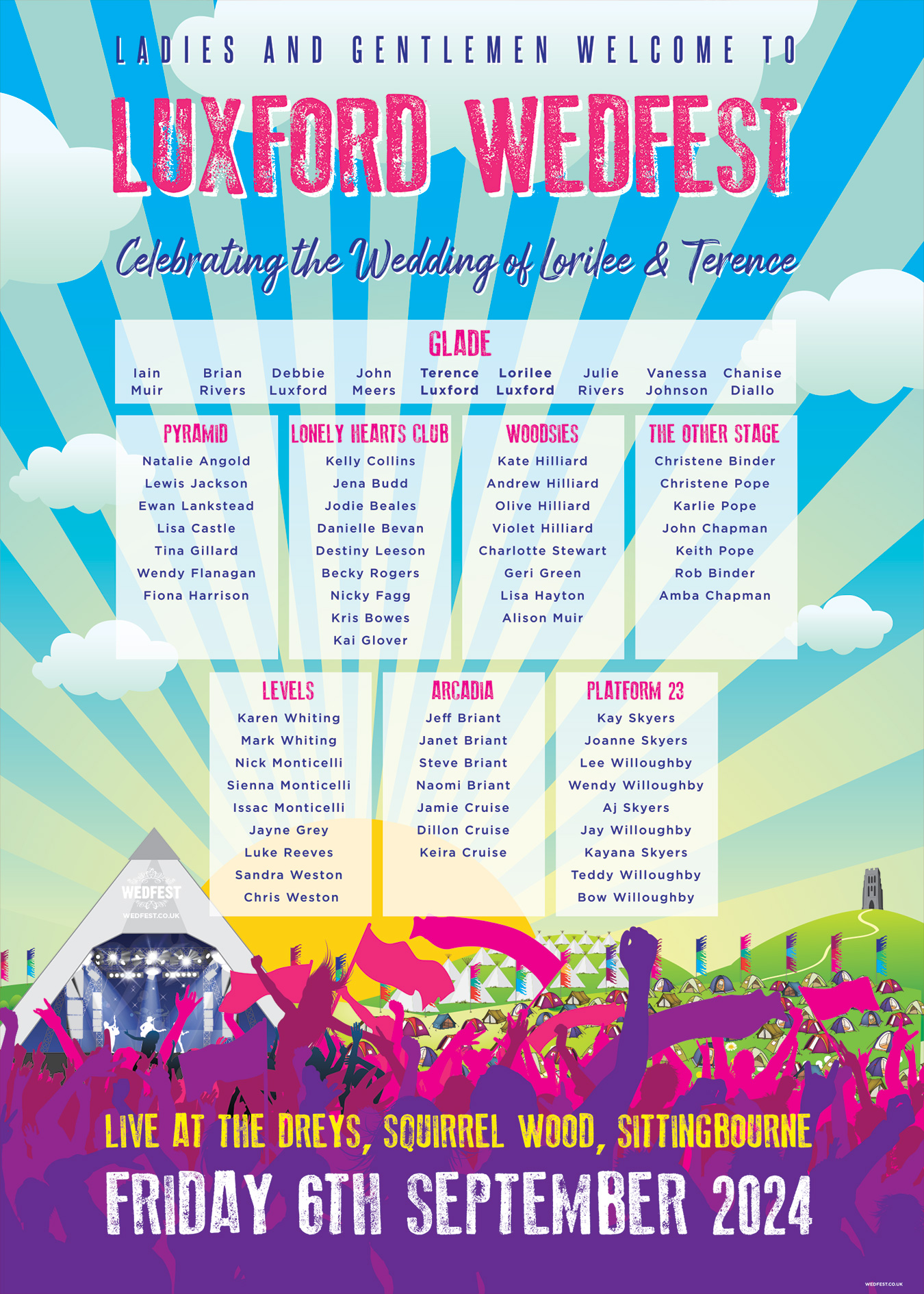 wedfest glastonbury theme festival wedding seating plan table chart